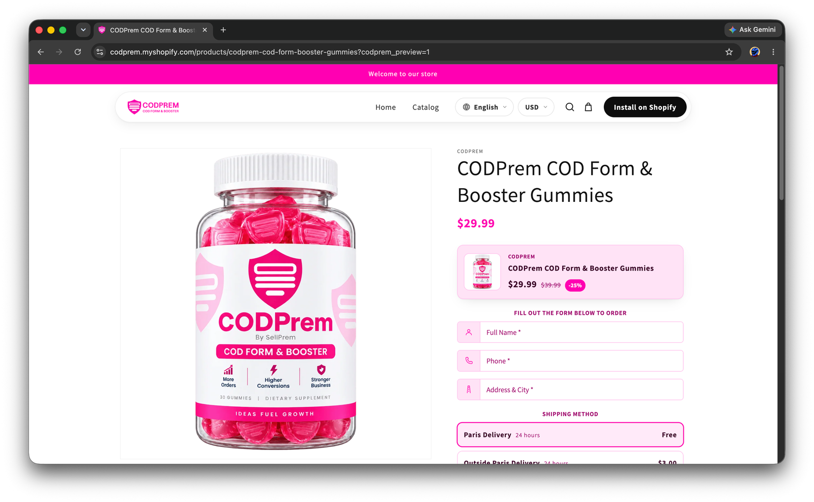 the form open with both delivery options visible to the customer