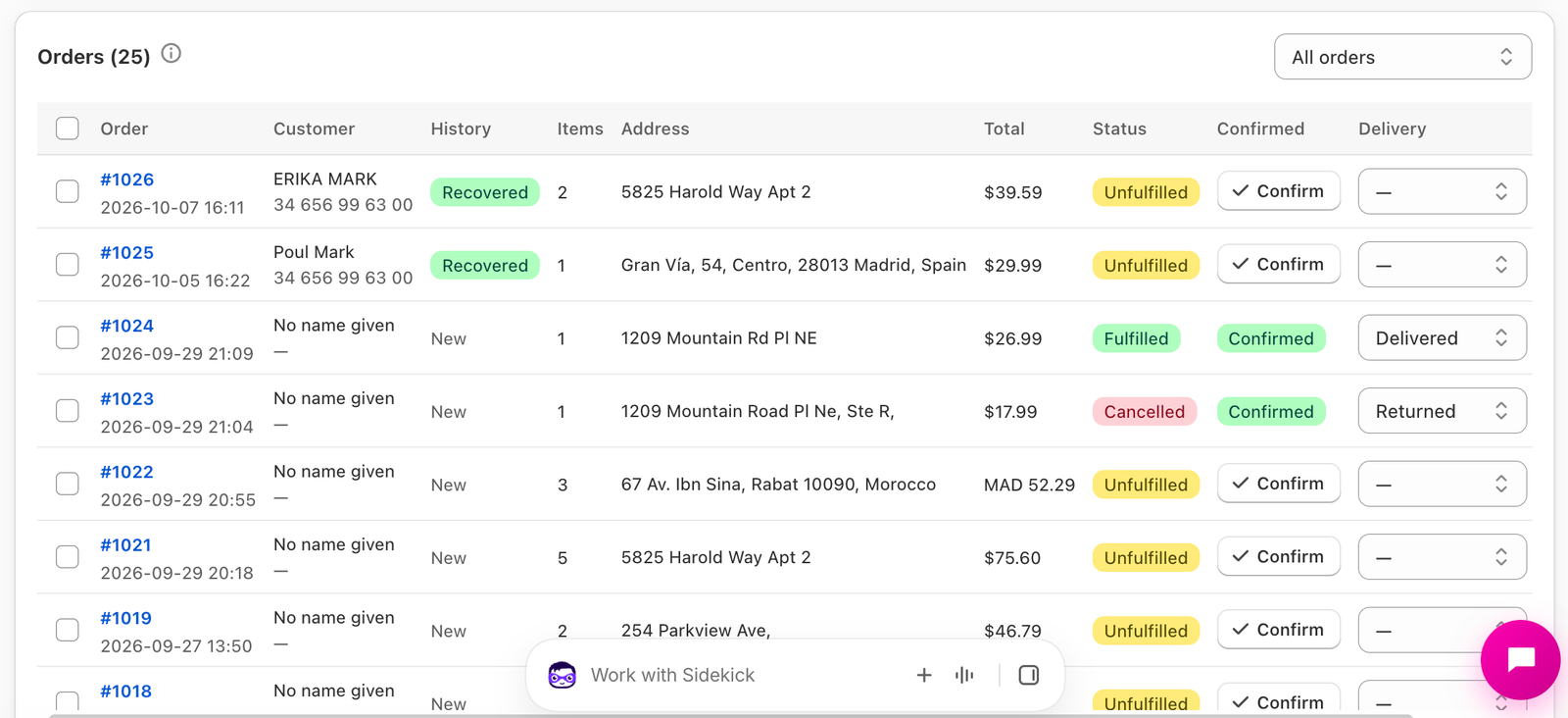 The orders table filtered to Delivered, showing the date column alongside order totals, so a reader can see the raw data a cash-flow calculation starts from.